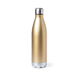 A drink bottle in a sleek gold finish with a silver base and a metallic lid, featuring a logo.
