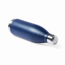 A drink bottle in navy blue with a stainless steel cap and a sleek, modern design, featuring a logo.