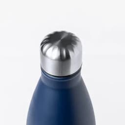 A drink bottle with a navy blue body and a metallic silver cap, featuring a logo on the side.