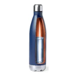 A drink bottle in navy blue with a copper interior and a sleek, modern design. It features a logo on its surface.