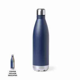 A drink bottle in navy with a silver base, featuring a stainless steel cap and a logo. Copper vacuum insulated design.