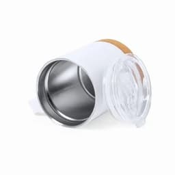 A drink bottle in white with a stainless steel interior and a clear lid, featuring a cork grip on the side.