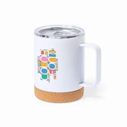 A drink bottle with a white body, cork base, and a clear lid featuring colourful graphic designs.