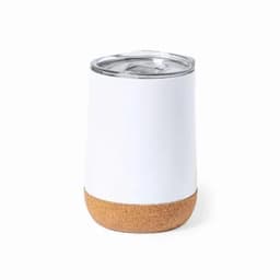 A drink bottle featuring a white body and a cork base, with a silver lid and a built-in straw.