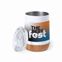 A drink bottle featuring a gradient design in orange and blue, with a cork bottom and a clear lid.