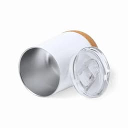 A drink bottle in white with a cork base and a clear lid. The interior is stainless steel.
