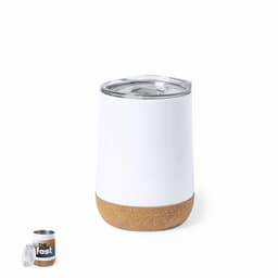 A drink bottle featuring a white upper section and a cork base, with a clear lid. It has a sleek, modern design.