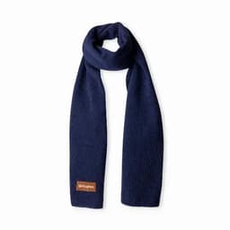 A navy blue scarf made of textured fabric, featuring a small brand logo tag.
