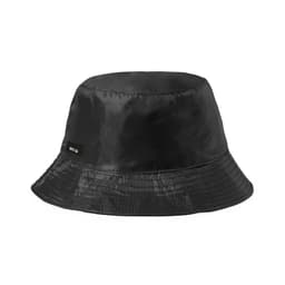 A black bucket hat made from shiny material, featuring a logo on the side.