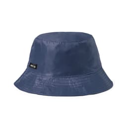 A blue bucket hat with a glossy finish and a small logo label on the side.