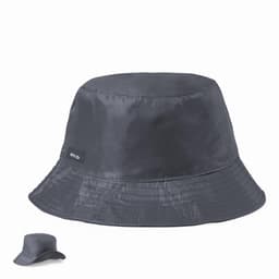 A bucket hat in dark grey, featuring a small logo, with a wide brim and a smooth finish.