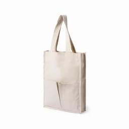 A beige tote bag with long handles and a front pocket for added storage.