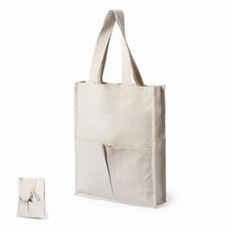 A tote bag in a light beige colour featuring dual handles and a front pocket. It has a simple, minimalist design.