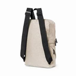 A backpack in a light beige colour with black straps and a side pocket, featuring a simple design.