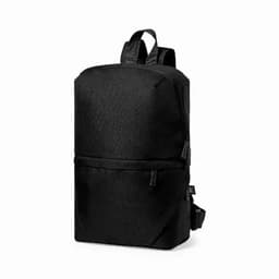 A black backpack with a streamlined design, featuring adjustable straps and a front pocket. It has a branding logo.