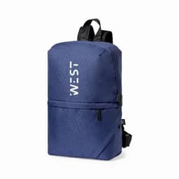A backpack in navy blue with adjustable straps and a logo on the front. It features a zippered compartment.