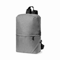 A grey backpack featuring a sleek design and adjustable straps, with a logo on the front.