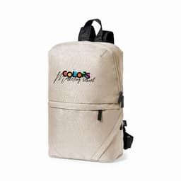A beige backpack with multiple compartments and a logo featuring the text "Colors Marketing School".