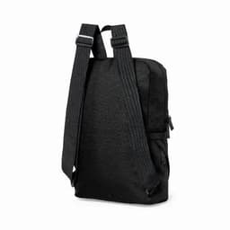 A black backpack featuring padded straps and multiple compartments, with a sleek, minimalist design.