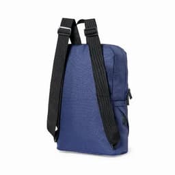 A blue backpack with adjustable black straps and multiple zippered compartments. It features a sleek design.