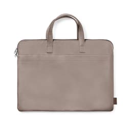 A laptop sleeve in taupe with two handles and a front pocket, featuring a branded tag.