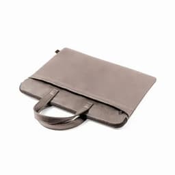 A laptop sleeve in a sleek, grey colour with carrying handles and a smooth finish. It features a logo on the side.