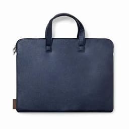 A navy blue laptop bag with dual handles and a zip closure. It has a smooth texture and features a logo.