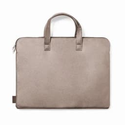 A laptop bag in a sleek metallic taupe colour with two handles and a zip closure.