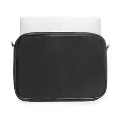 A black laptop sleeve with a zip, accommodating a white laptop inside.