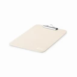 A clipboard in a light cream colour with a metal clip at the top, featuring a logo on the surface.