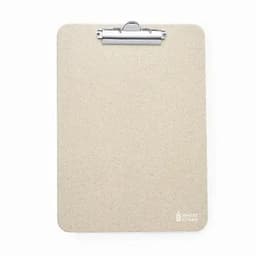 A beige clipboard with a metallic clip and a subtle textured surface. It features a small logo in one corner.