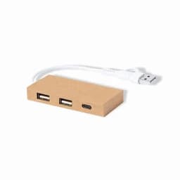 A USB hub with two standard USB ports and one USB-C port, featuring a plain brown cardboard design.