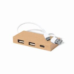 A wooden USB hub with two USB-A ports and one USB-C port, featuring a connected white USB cable.