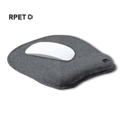 A grey ergonomic mouse pad with a white mouse, featuring a textured fabric surface and a branding logo.
