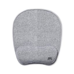 A grey padded seat cushion with a smooth texture and rounded shape, featuring a small logo.