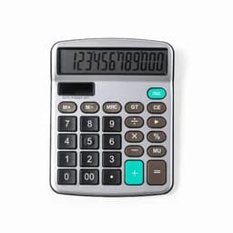 A silver calculator featuring a large display and a grid of numbered buttons in different shades.