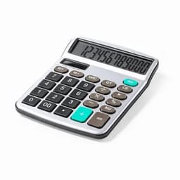 A calculator with a large digital display and a range of buttons in black and silver. It features various mathematical functions.