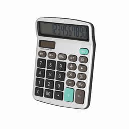 A metallic calculator in silver and black with a digital display and a range of buttons in black and teal.