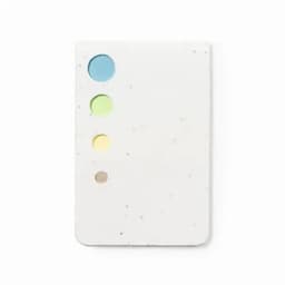 A card-like product featuring four circular swatches in blue, green, yellow, and light brown on a white background.