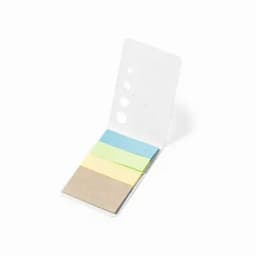 A note holder with five coloured sticky notes in blue, green, yellow, and brown, featuring a simple design and a branding logo.