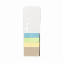 A set of sticky notes in blue, green, yellow, and brown, arranged in a vertical stack on a white background.