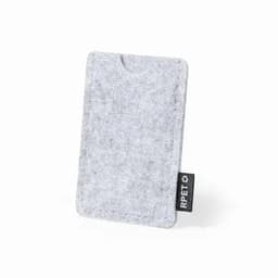 A grey felt card holder with a small tag featuring a logo. It has a minimalist and sleek design.