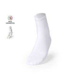 A white sock with a short crew design, featuring a multicoloured patterned sock beside it. The image includes a logo.
