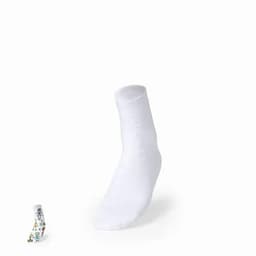 A pair of white socks, one sock upright, featuring a colourful robot design on the other.