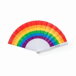 A rainbow-coloured hand fan with a white handle, featuring a vibrant spectrum from red to purple.