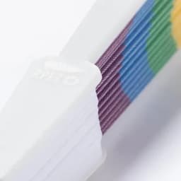 A drink bottle with a multicoloured striped design and a white base, featuring a logo on the side.