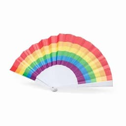 A decorative fan featuring a vibrant rainbow pattern, with colours transitioning from red to purple.
