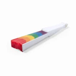 A rainbow-coloured comb with a white handle, featuring vibrant stripes from red to purple.