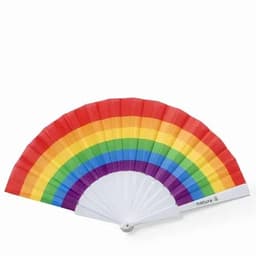 A fan with a vibrant rainbow design featuring red, orange, yellow, green, blue, and purple colours.