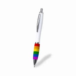 A pen with a white body and a rainbow-striped grip, featuring silver accents and a clip.